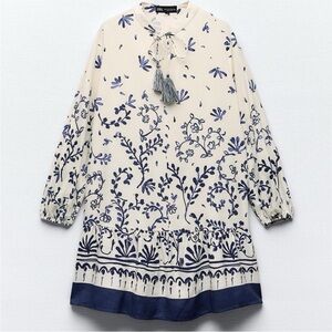 Zara Cream and Blue Floral Women's Dress